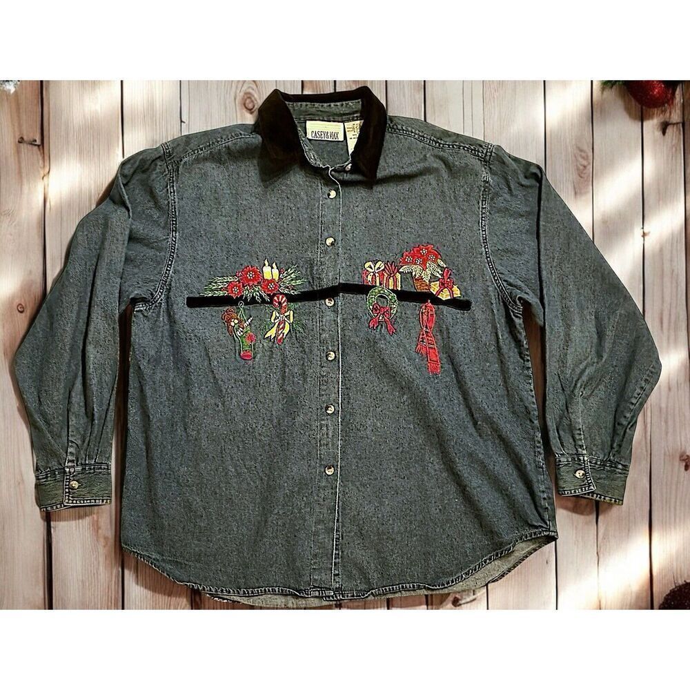 Vintage Denim Casey & Max Christmas Shirt Womens Size XL EMBROIDERED Fast Ship